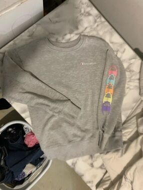 Champion Gray Crewneck with Multicolor Sleeve Logos